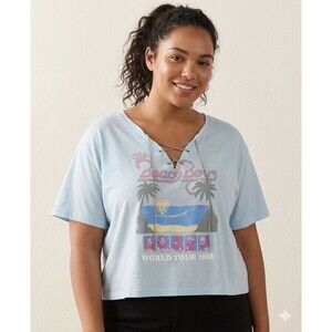 ⭐The Beach Boys World Tour 1988 Graphic Tee Women's 1XL Light Blue Lace Up Crop⭐
